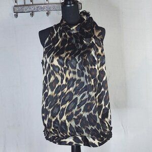 Worthington Vtg Brown Tan Animal Print Sleeveless Mock Neck Tie Elastic Top 1X